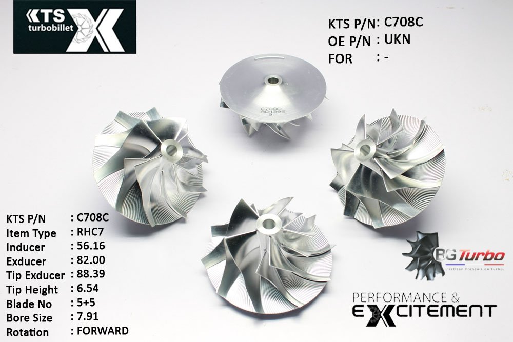 Turbo ROUE FORGÉE MFS PERFORMANCE - 5+5 PALES - INDUCER : 56,16 - EXDUCER : 82 - TYPE : RHC7ANGLE : 60° - ROTATION : Forward - SUPER BACK : 4,96 - BORE SIZE : 7,91
